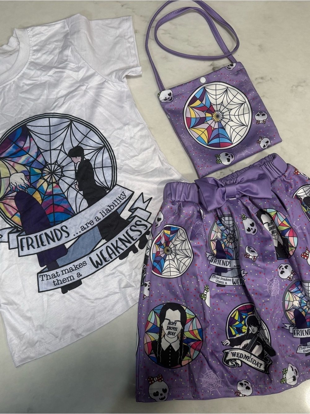 Wednesday-Inspired Purple Kids Skirt & Tee Set size 140 or 9/10 with bag EUC